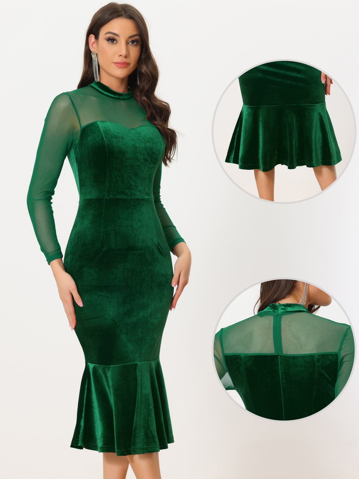 Allegra K Bodycon Elegant Velvet Sheer Mesh Mock Neck Midi Cocktail Dress