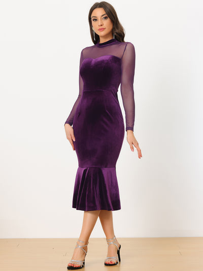 Bodycon Elegant Velvet Sheer Mesh Mock Neck Midi Cocktail Dress