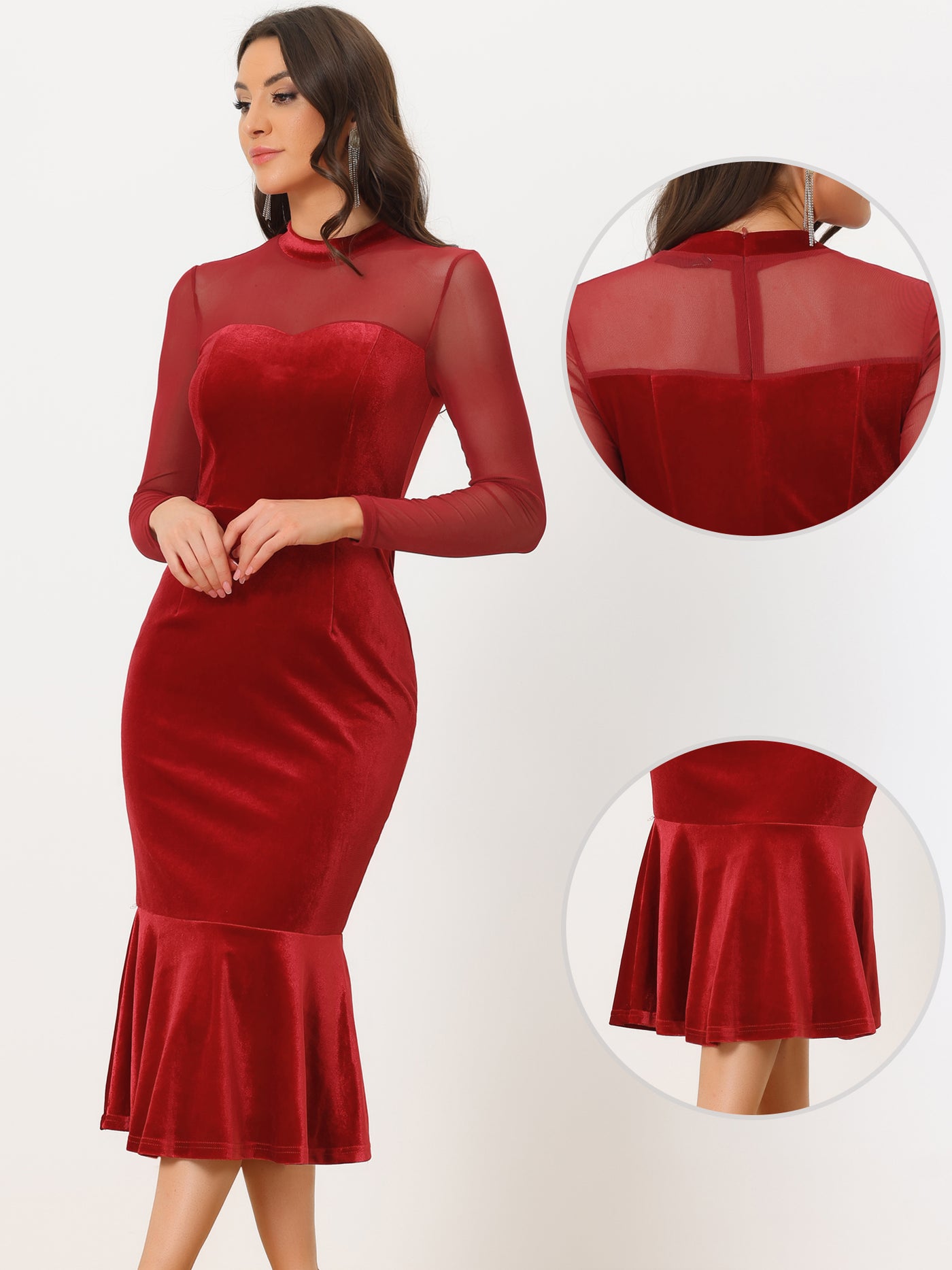 Allegra K Bodycon Elegant Velvet Sheer Mesh Mock Neck Midi Cocktail Dress