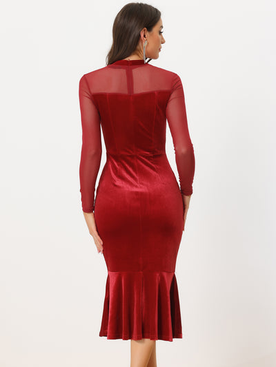 Bodycon Elegant Velvet Sheer Mesh Mock Neck Midi Cocktail Dress