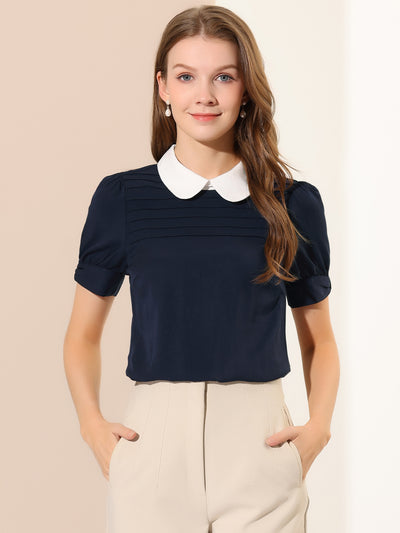 Pleated Contrast Peter Pan Collar Puff Short Sleeve Blouse