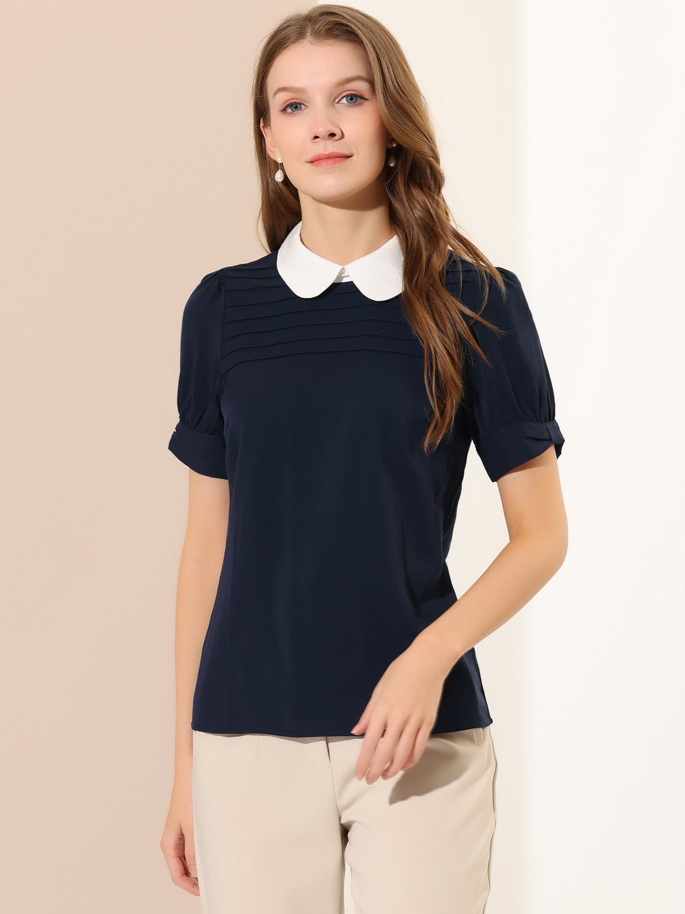 Allegra K Pleated Contrast Peter Pan Collar Puff Short Sleeve Blouse