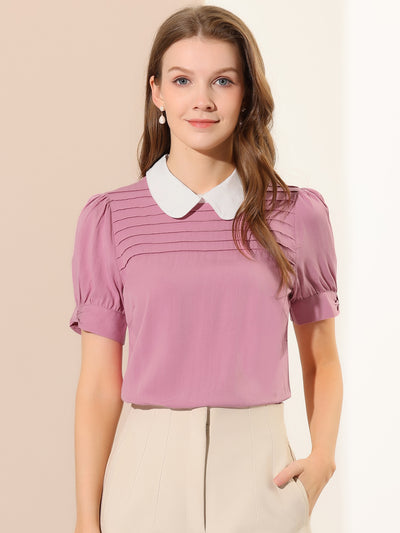 Pleated Contrast Peter Pan Collar Puff Short Sleeve Blouse