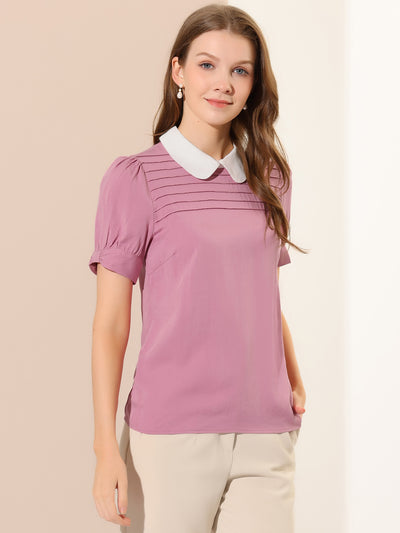 Pleated Contrast Peter Pan Collar Puff Short Sleeve Blouse