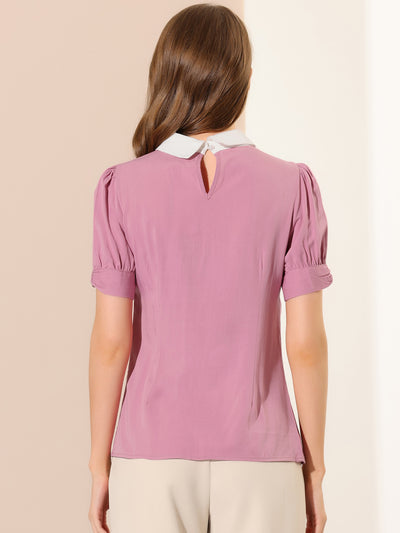 Pleated Contrast Peter Pan Collar Puff Short Sleeve Blouse