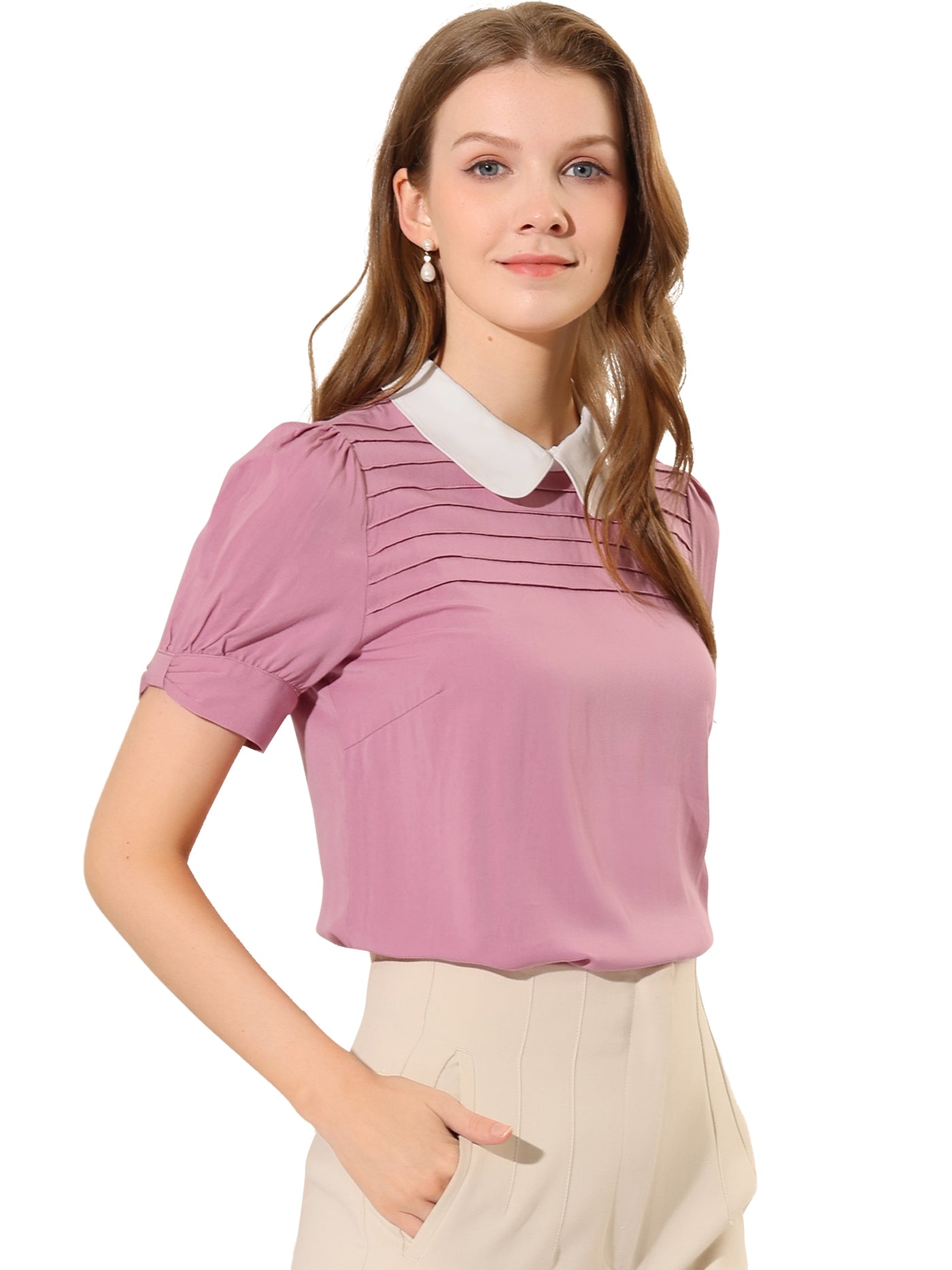 Allegra K Pleated Contrast Peter Pan Collar Puff Short Sleeve Blouse