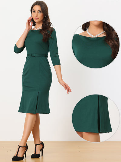 Business Elegant Boat Neck Half Sleeve Pleated Midi Solid Dress