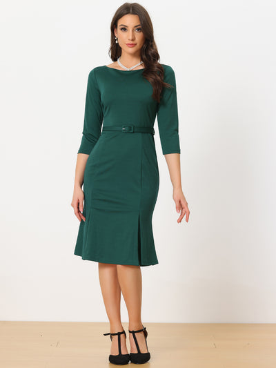 Business Elegant Boat Neck Half Sleeve Pleated Midi Solid Dress