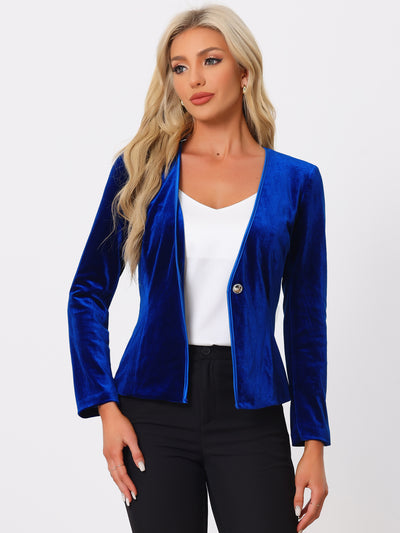 Long Sleeve Office Collarless 1 Button Velvet Blazer