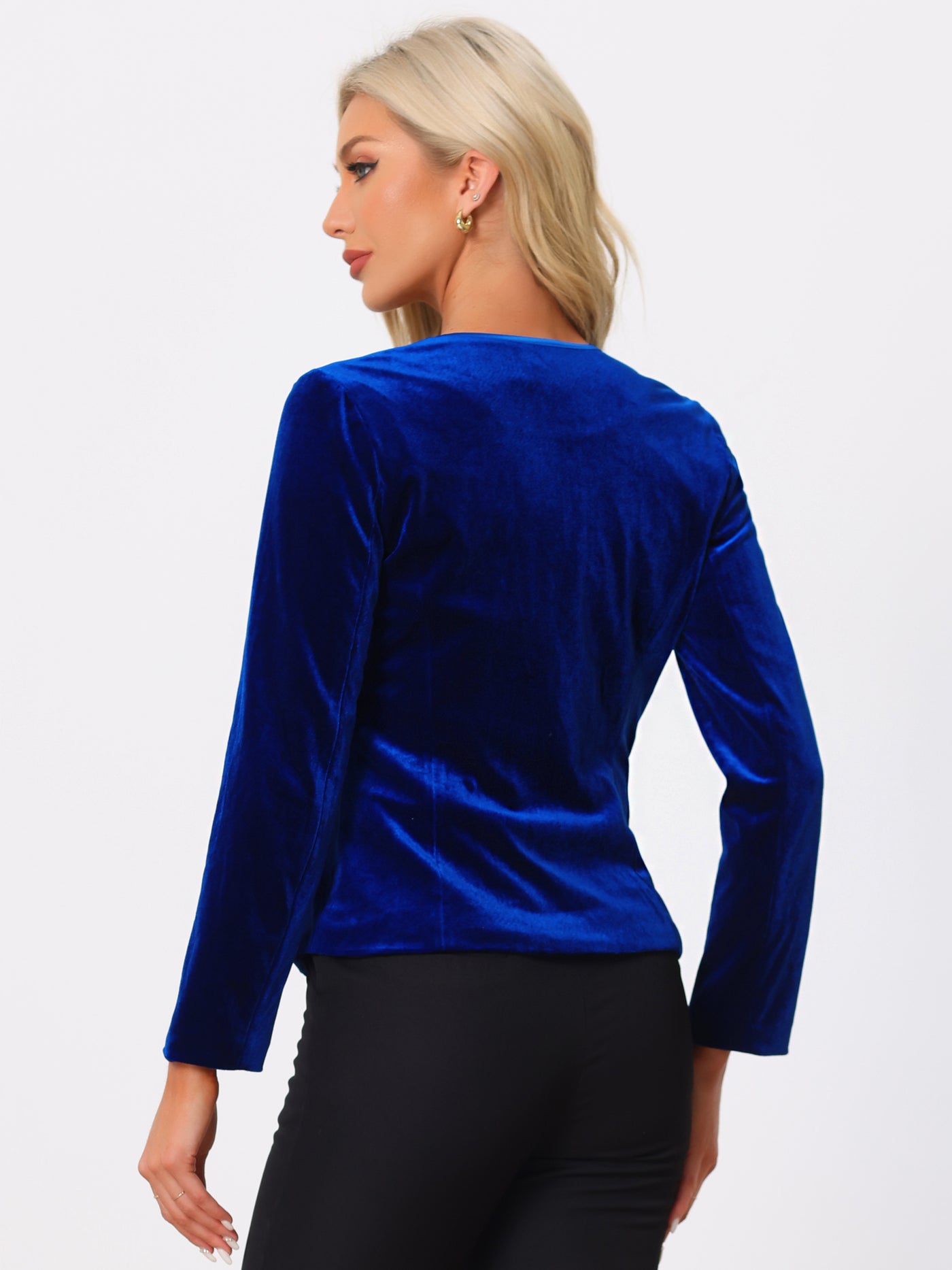 Allegra K Long Sleeve Office Collarless 1 Button Velvet Blazer