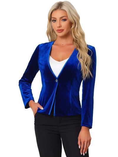 Long Sleeve Office Collarless 1 Button Velvet Blazer