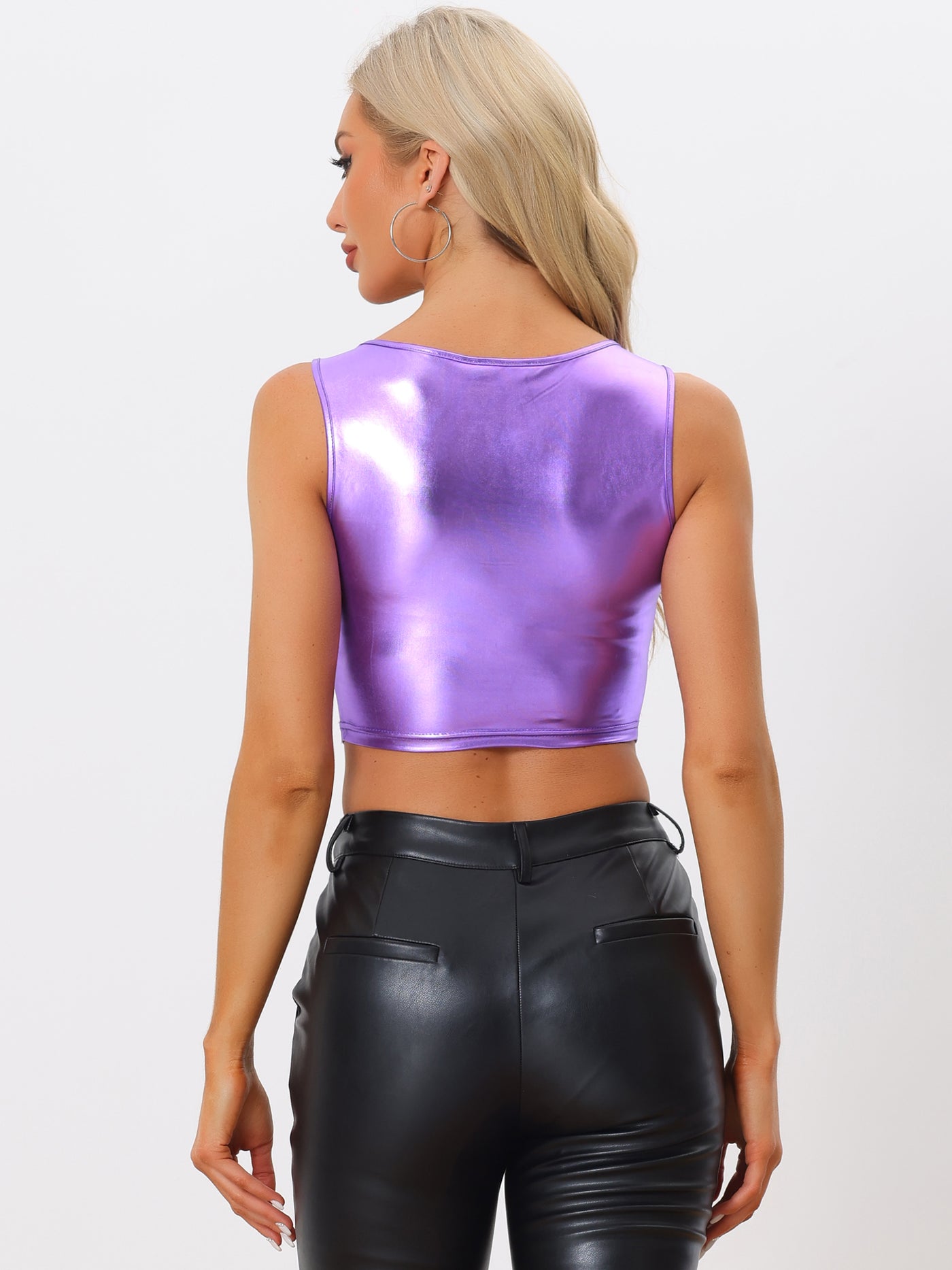 Allegra K Sleeveless U Neck Party Holographic Shiny Metallic Crop Top