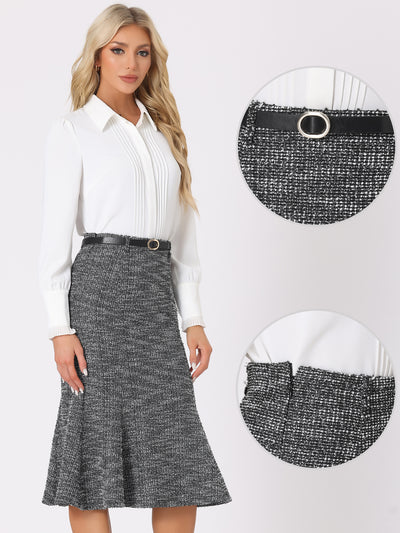 Plaid Belted Fishtail Bodycon Tweed Midi Skirt
