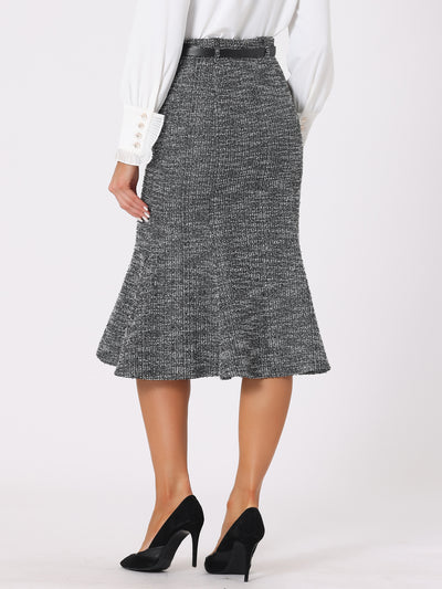 Plaid Belted Fishtail Bodycon Tweed Midi Skirt
