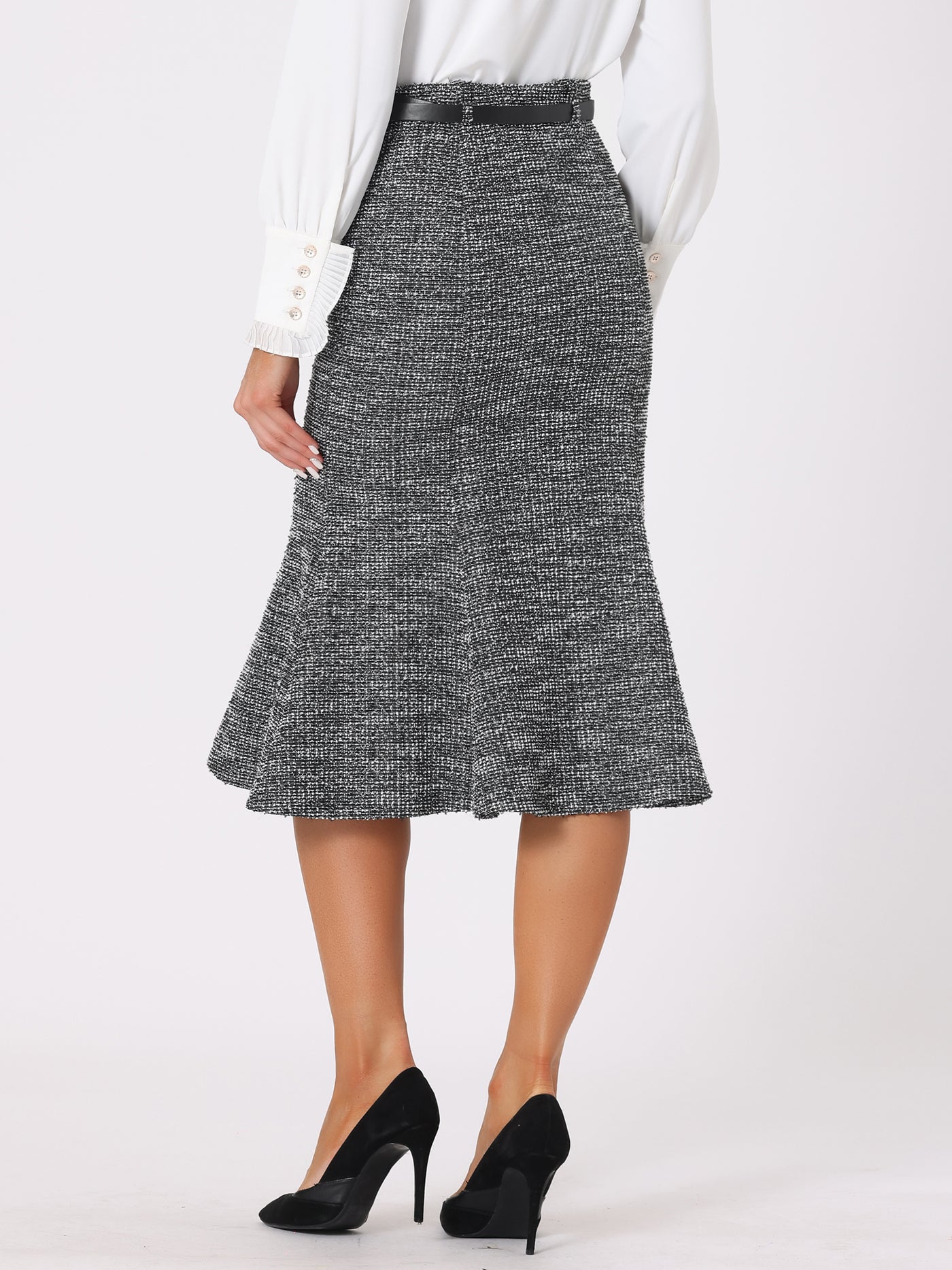 Allegra K Plaid Belted Fishtail Bodycon Tweed Midi Skirt