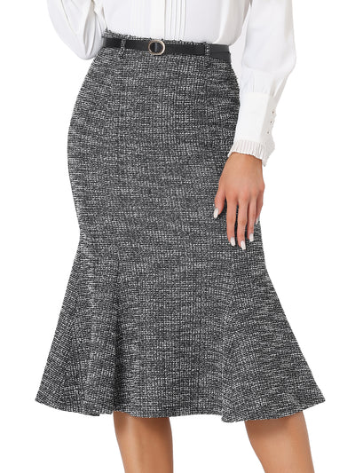 Plaid Belted Fishtail Bodycon Tweed Midi Skirt