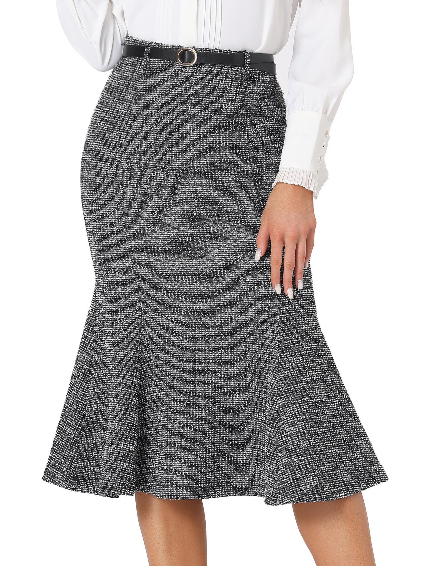 Allegra K Plaid Belted Fishtail Bodycon Tweed Midi Skirt