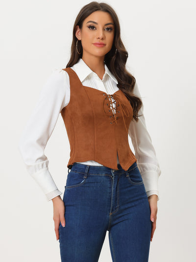 Faux Suede Sweetheart Neck Sleeveless Lace Up Waistcoat Jacket Vest