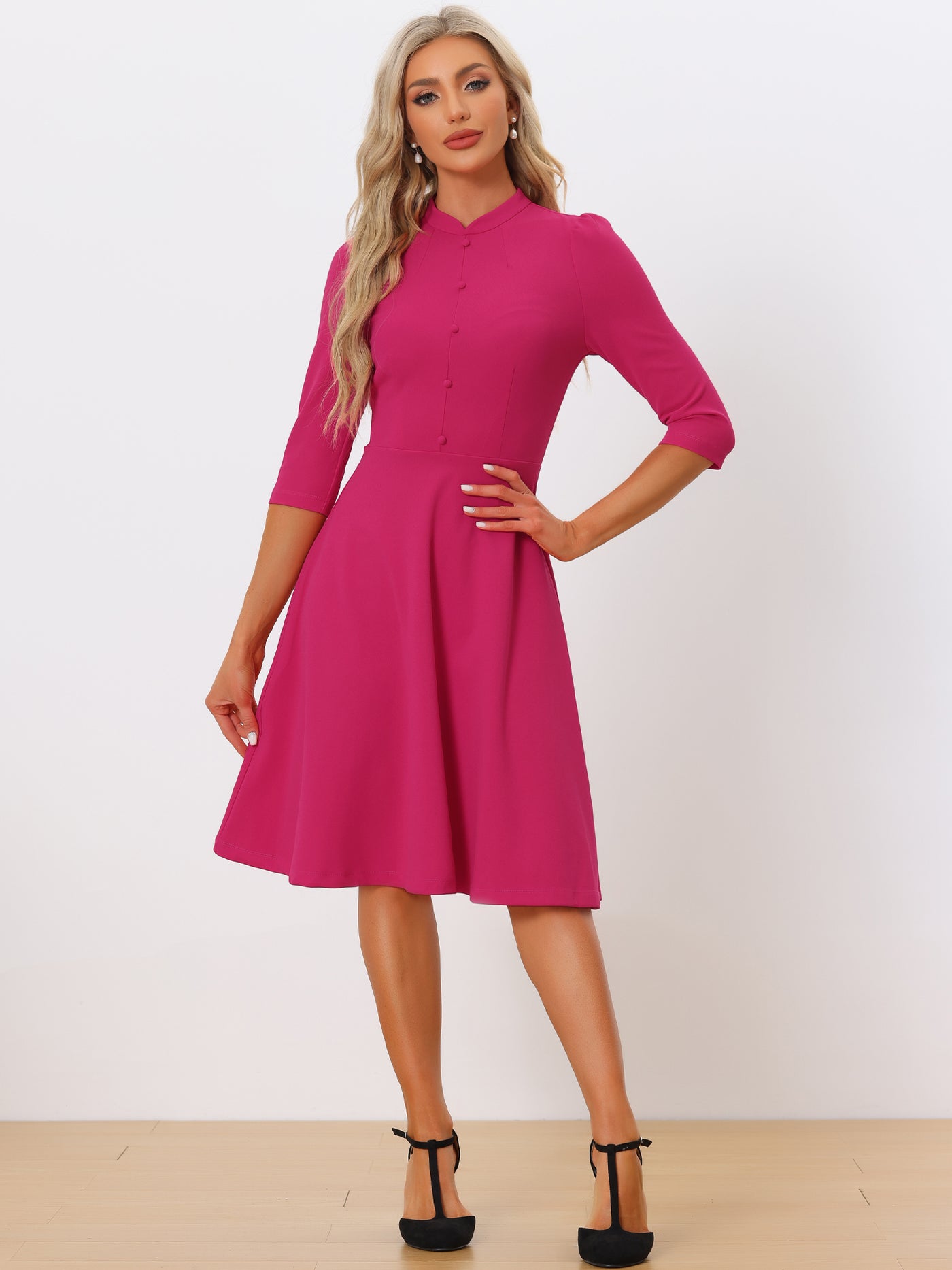 Allegra K Retro 3/4 Sleeve Stand Collar Office Work Elegant A-Line Dress