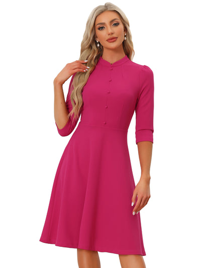 Retro 3/4 Sleeve Stand Collar Office Work Elegant A-Line Dress