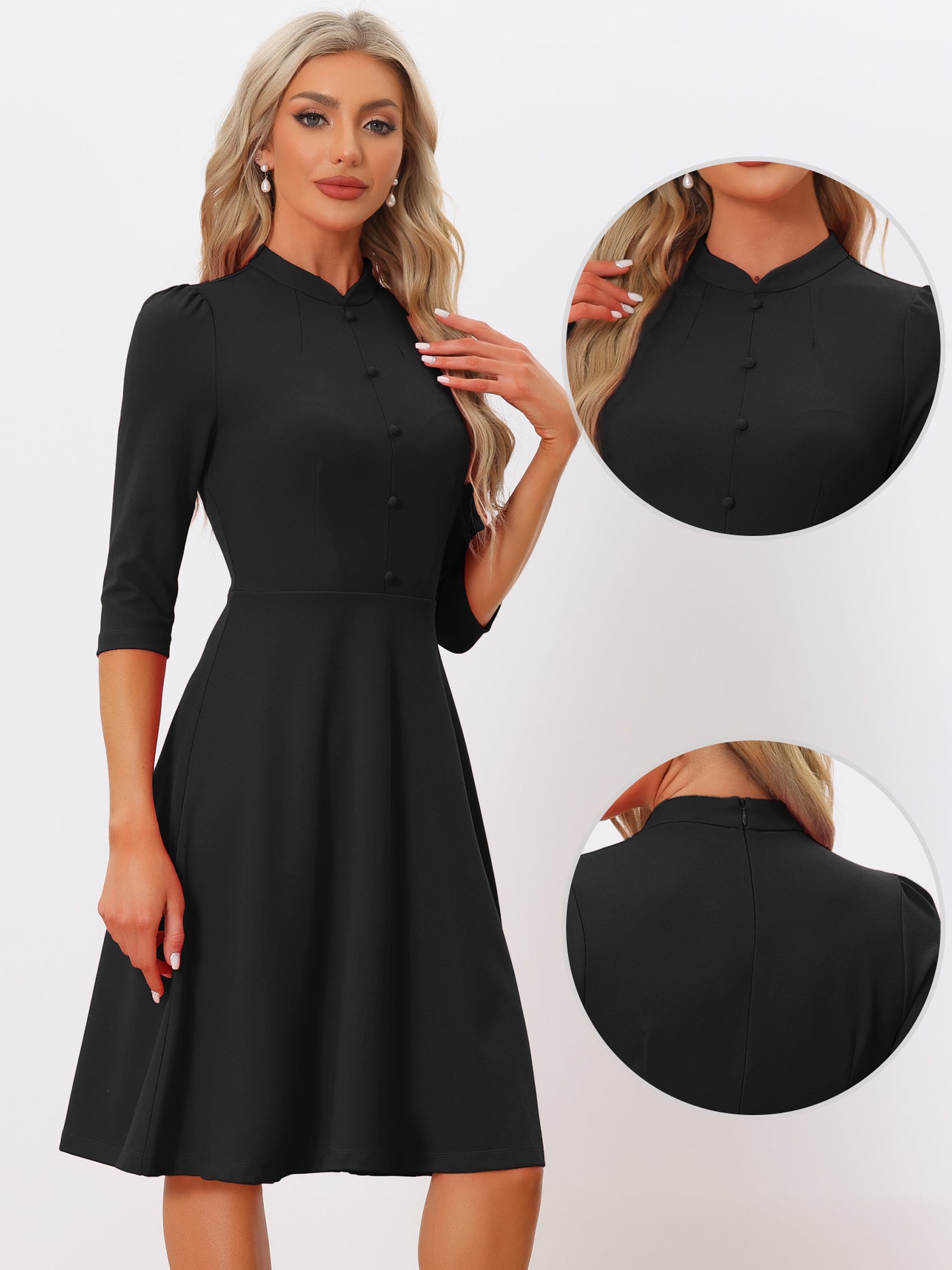 Allegra K Retro 3/4 Sleeve Stand Collar Office Work Elegant A-Line Dress