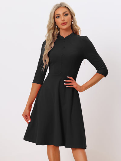 Retro 3/4 Sleeve Stand Collar Office Work Elegant A-Line Dress