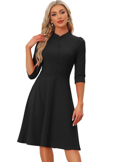 Retro 3/4 Sleeve Stand Collar Office Work Elegant A-Line Dress