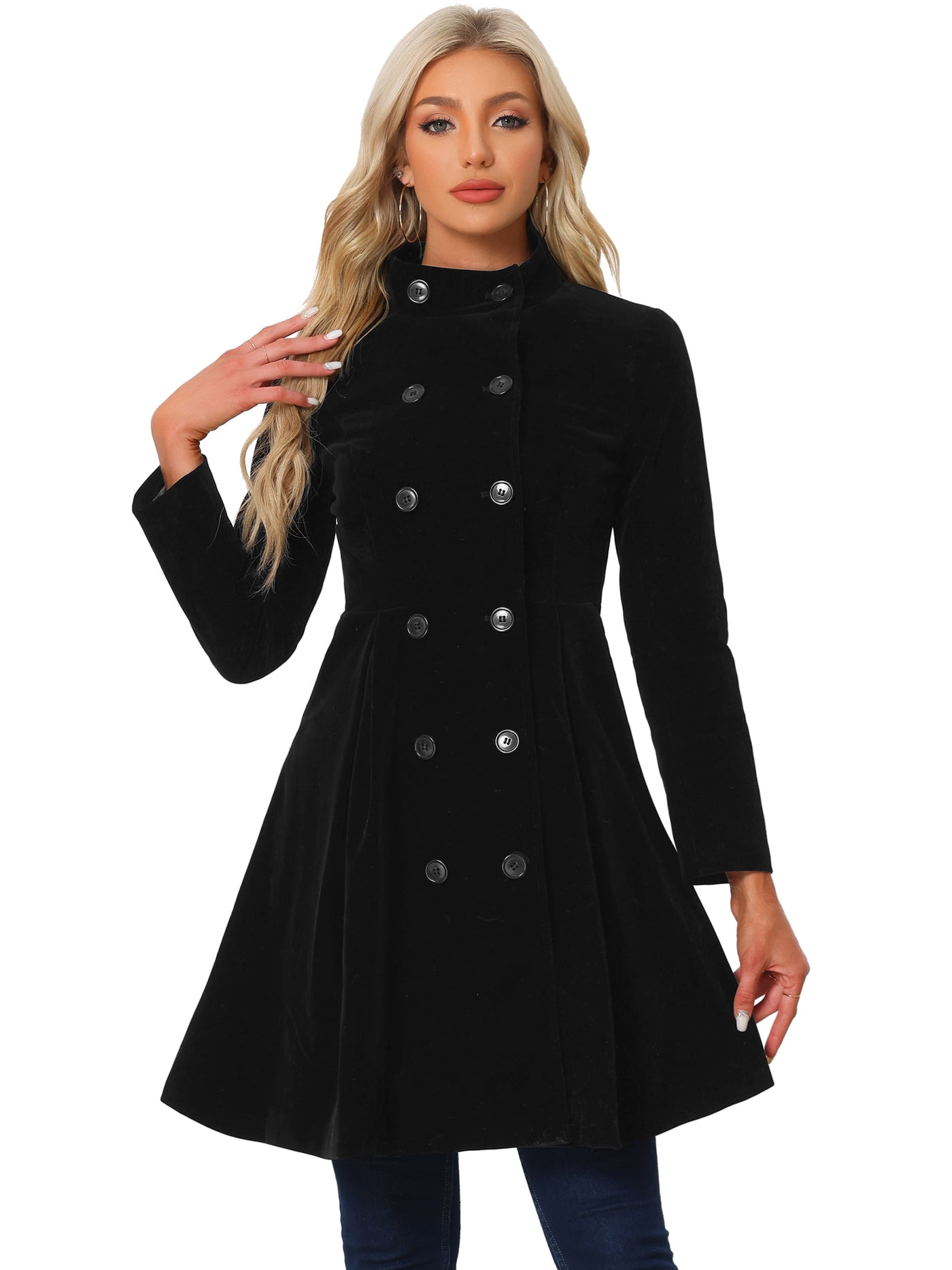 Allegra K Velvet A-Line Stand Collar Double Breasted Winter Trench Coat