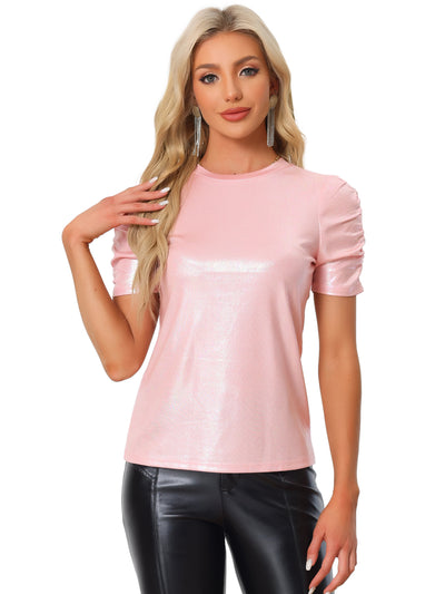 Glitter T-Shirt Round Neck Puff Sleeve Stretch Shiny Party Top