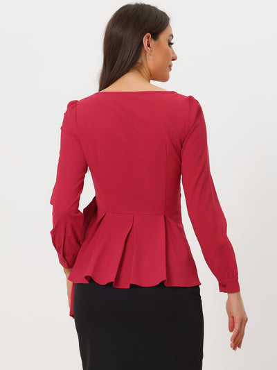 Long Sleeve V Neck Irregular Hem Belted Peplum Blouse