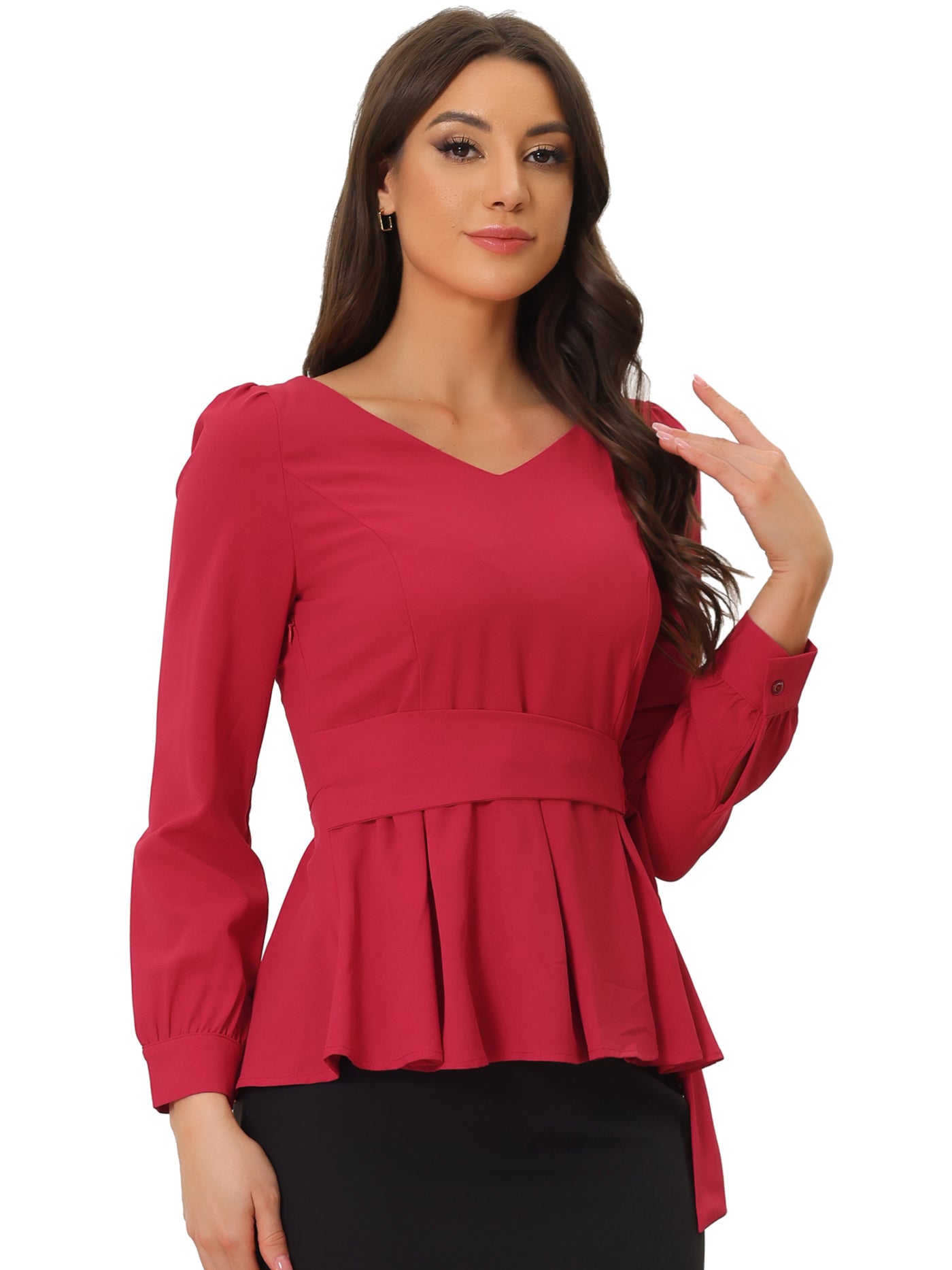 Allegra K Long Sleeve V Neck Irregular Hem Belted Peplum Blouse