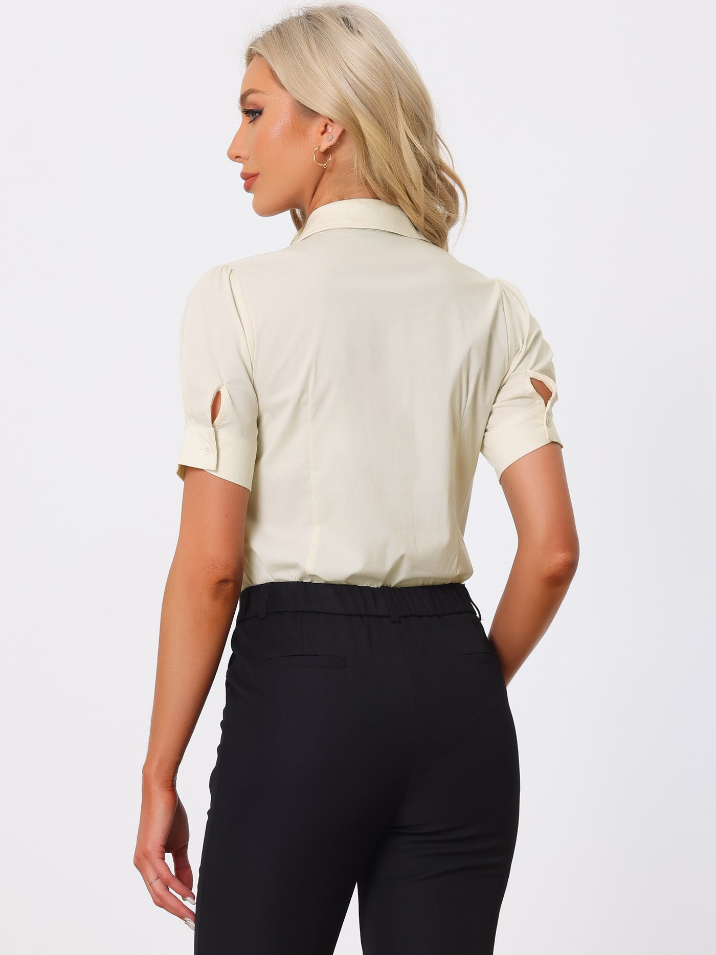 Allegra K Button Down Leotard Shirt Short Sleeve Collared Business Work Bodysuit