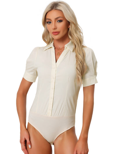 Button Down Leotard Shirt Short Sleeve Collared Business Work Bodysuit