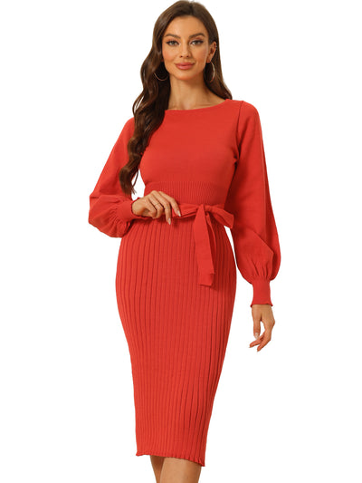 Knit Belted Crew Neck Lantern Sleeve Casual Pleated Sweater Dress