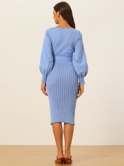 Knit Belted Crew Neck Lantern Sleeve Casual Pleated Sweater Dress