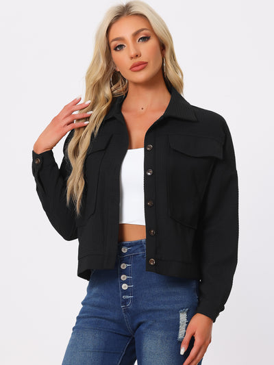 Waffle Shacket Drop Shoulder Pocket Collared Shirt Jacket