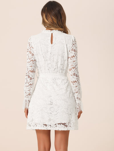 Allegra K Lace Floral Ruffle Crew Neck Cocktail Elegant Mini Dress