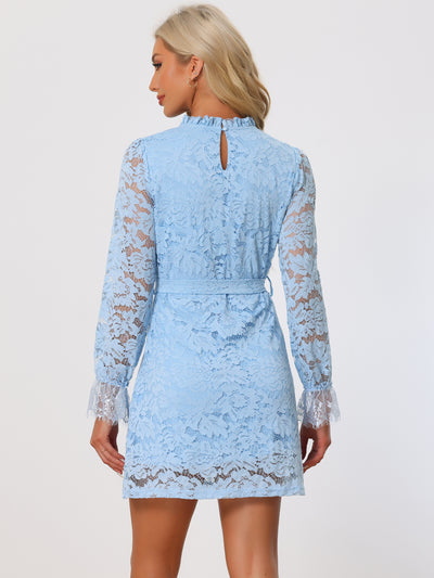 Allegra K Lace Floral Ruffle Crew Neck Cocktail Elegant Mini Dress