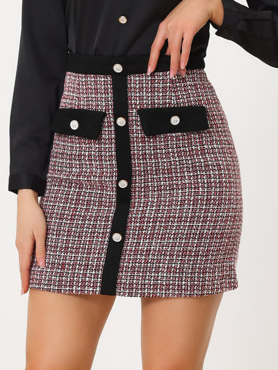 Plaid Tweed Contrast Color Button Decor Business Casual Mini Skirt