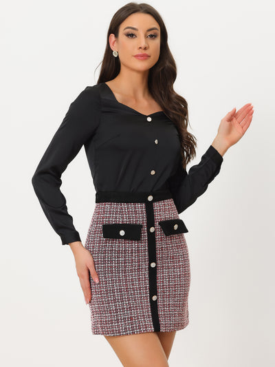 Plaid Tweed Contrast Color Button Decor Business Casual Mini Skirt