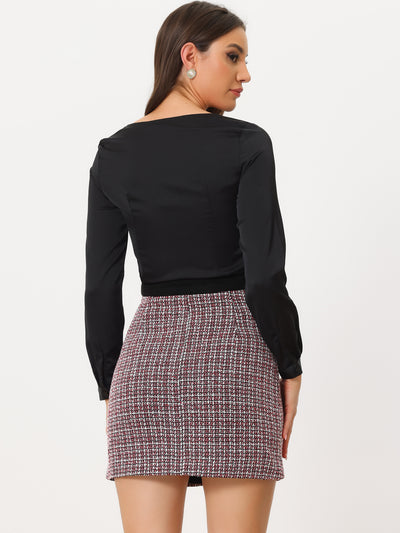 Plaid Tweed Contrast Color Button Decor Business Casual Mini Skirt