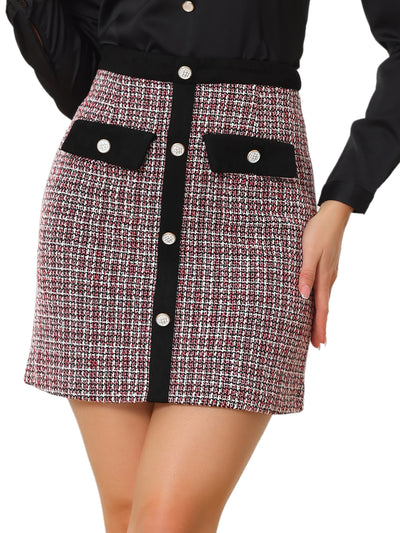 Plaid Tweed Contrast Color Button Decor Business Casual Mini Skirt