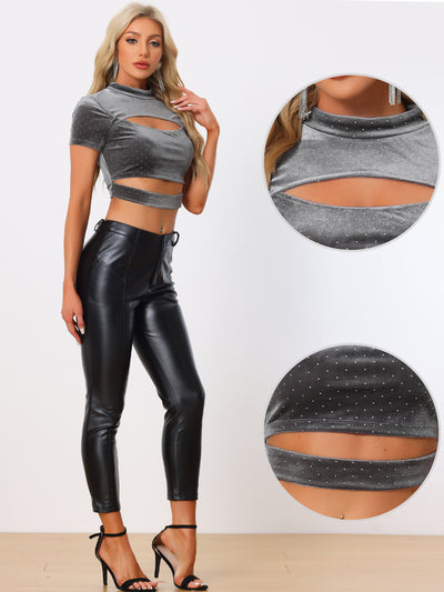 Cut Out Top Glitter Sparkle Velvet Short Sleeve Fitted Crop Tops