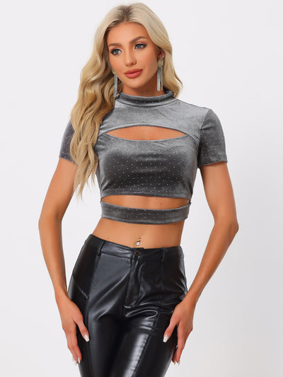 Cut Out Top Glitter Sparkle Velvet Short Sleeve Fitted Crop Tops