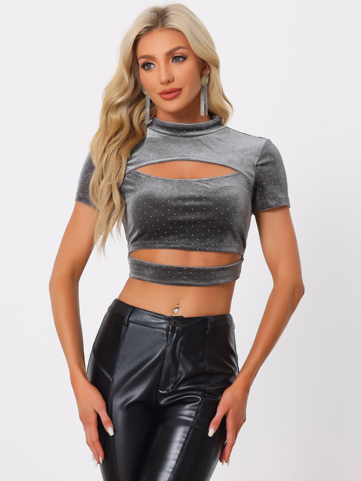 Allegra K Cut Out Top Glitter Sparkle Velvet Short Sleeve Fitted Crop Tops