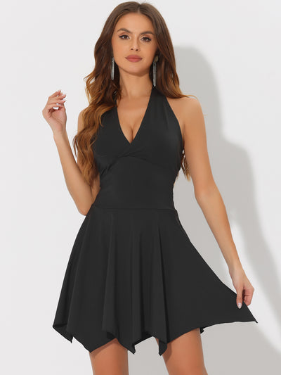 Halter Deep V Neck Sleeveless Solid Skater Mini Dress