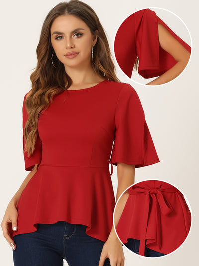 Split Half Sleeve Crew Neck Belted Knot Drap Casual Peplum Blouse