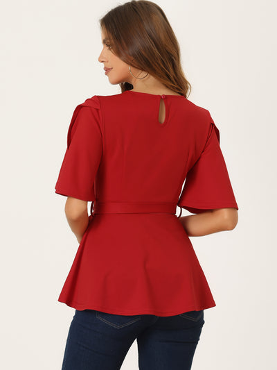 Split Half Sleeve Crew Neck Belted Knot Drap Casual Peplum Blouse