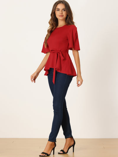 Split Half Sleeve Crew Neck Belted Knot Drap Casual Peplum Blouse