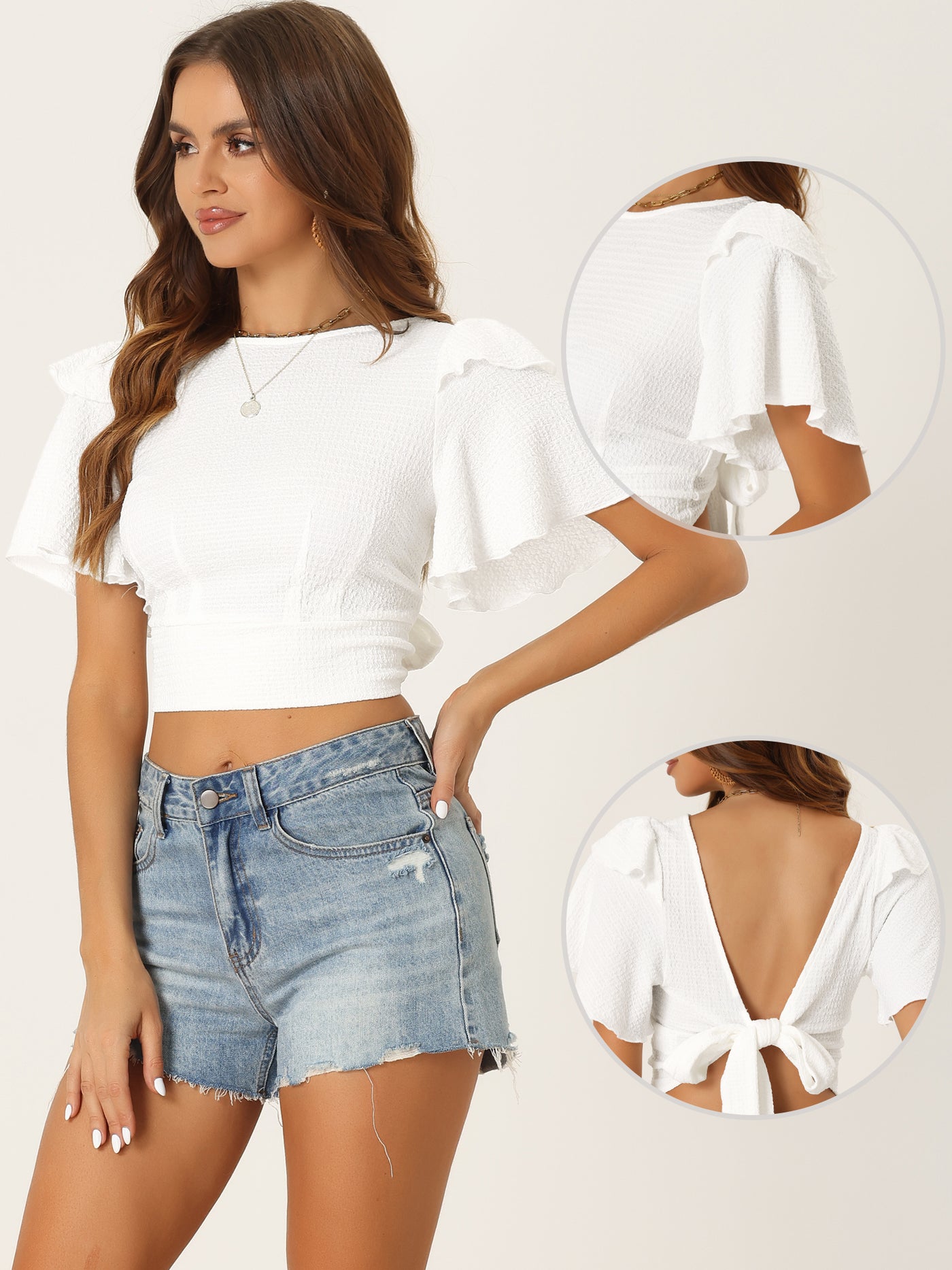 Allegra K Lace-Up Back/Front Flared Short Sleeve Cropped Blouse